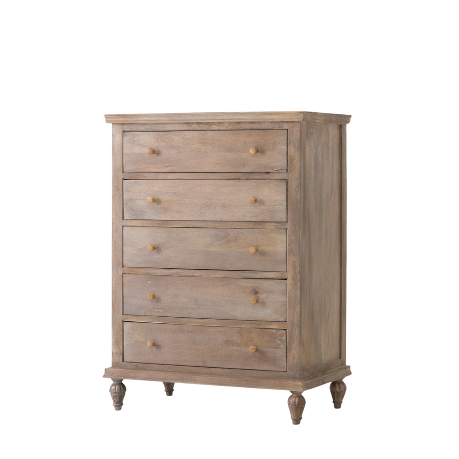 Brown Maison 5 Drawer High Boy Chest of Drawers seen from the front on a white background