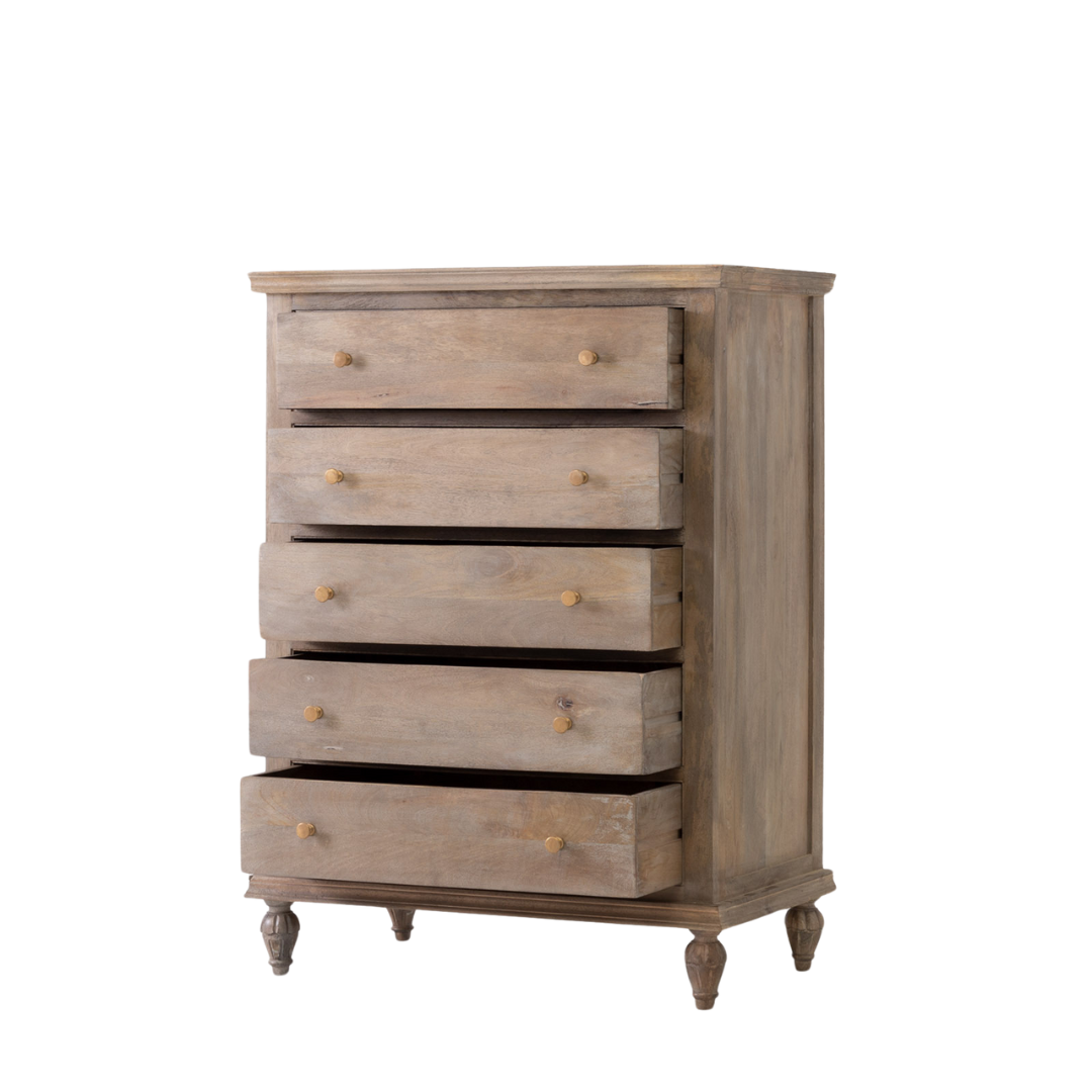 Brown Maison 5 Drawer High Boy Chest of Drawers with all drawers opened on a white background