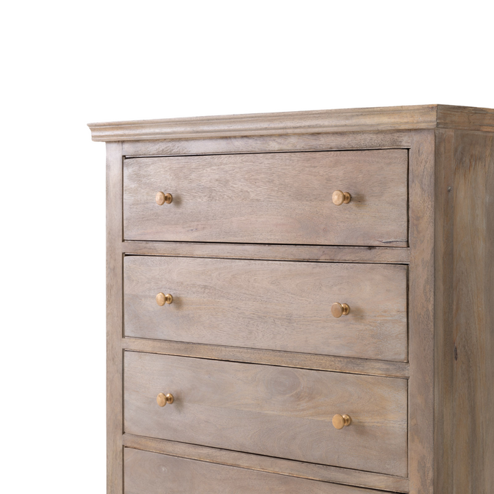 Brown Maison 5 Drawer High Boy Chest of Drawers with closeup view of drawers on a white background
