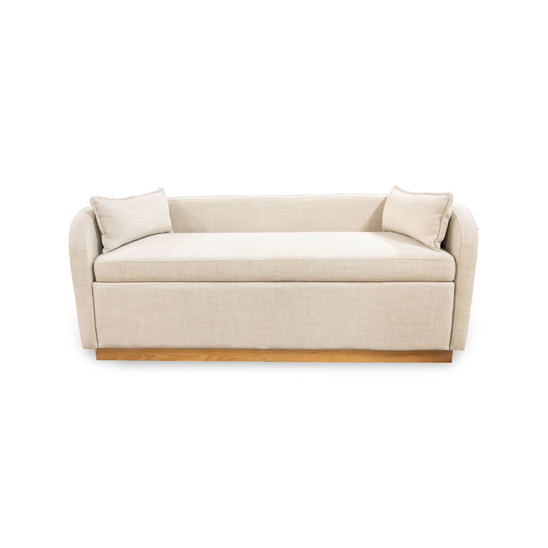 Beige Marina Storage Bench seen from front in white background.