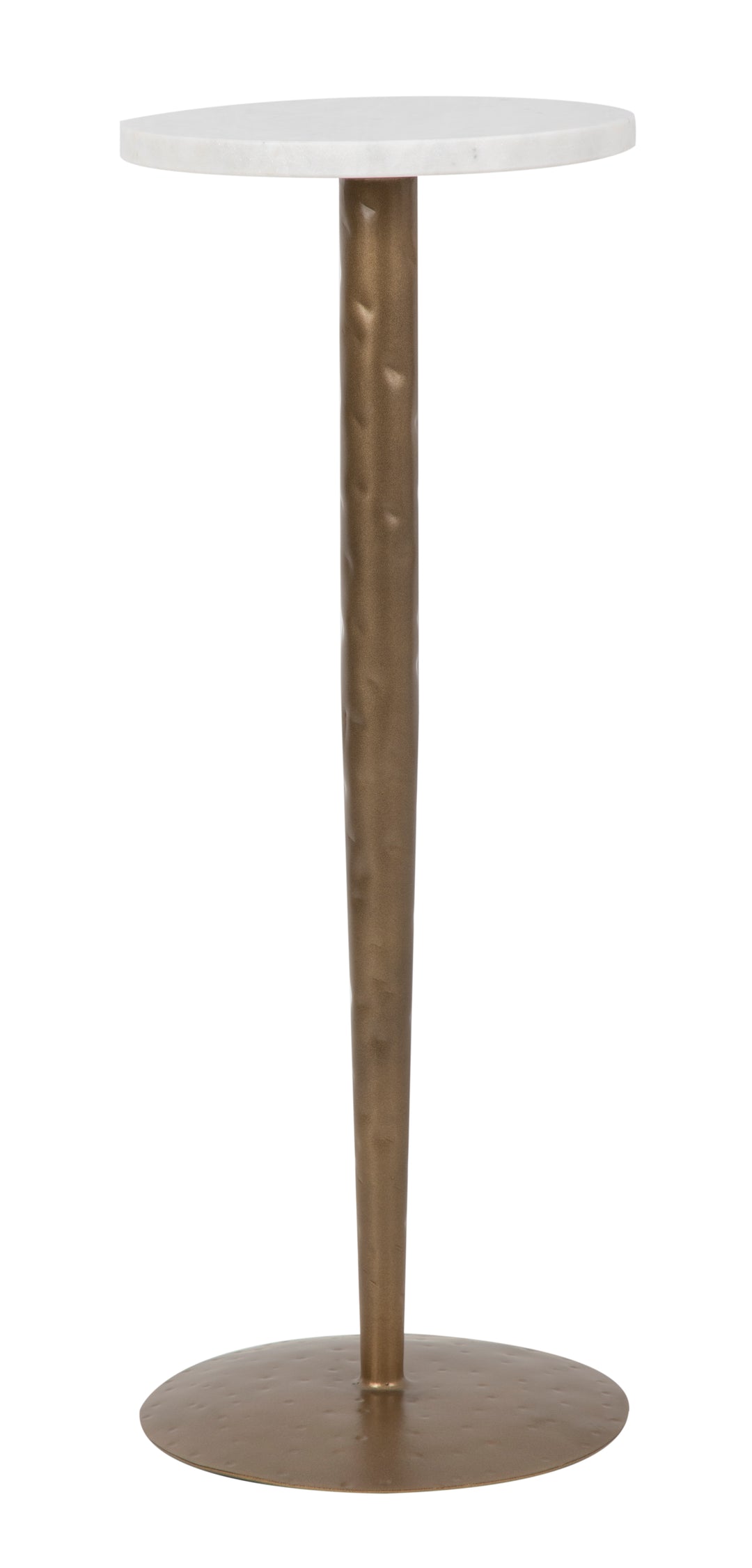 Round marble Arya Drink Table with brass leg seen from side on a white background