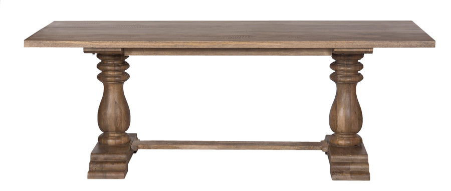 Brown Artesia Dining Table with Trestle Pedestal Base with 2-trestle legs on white background