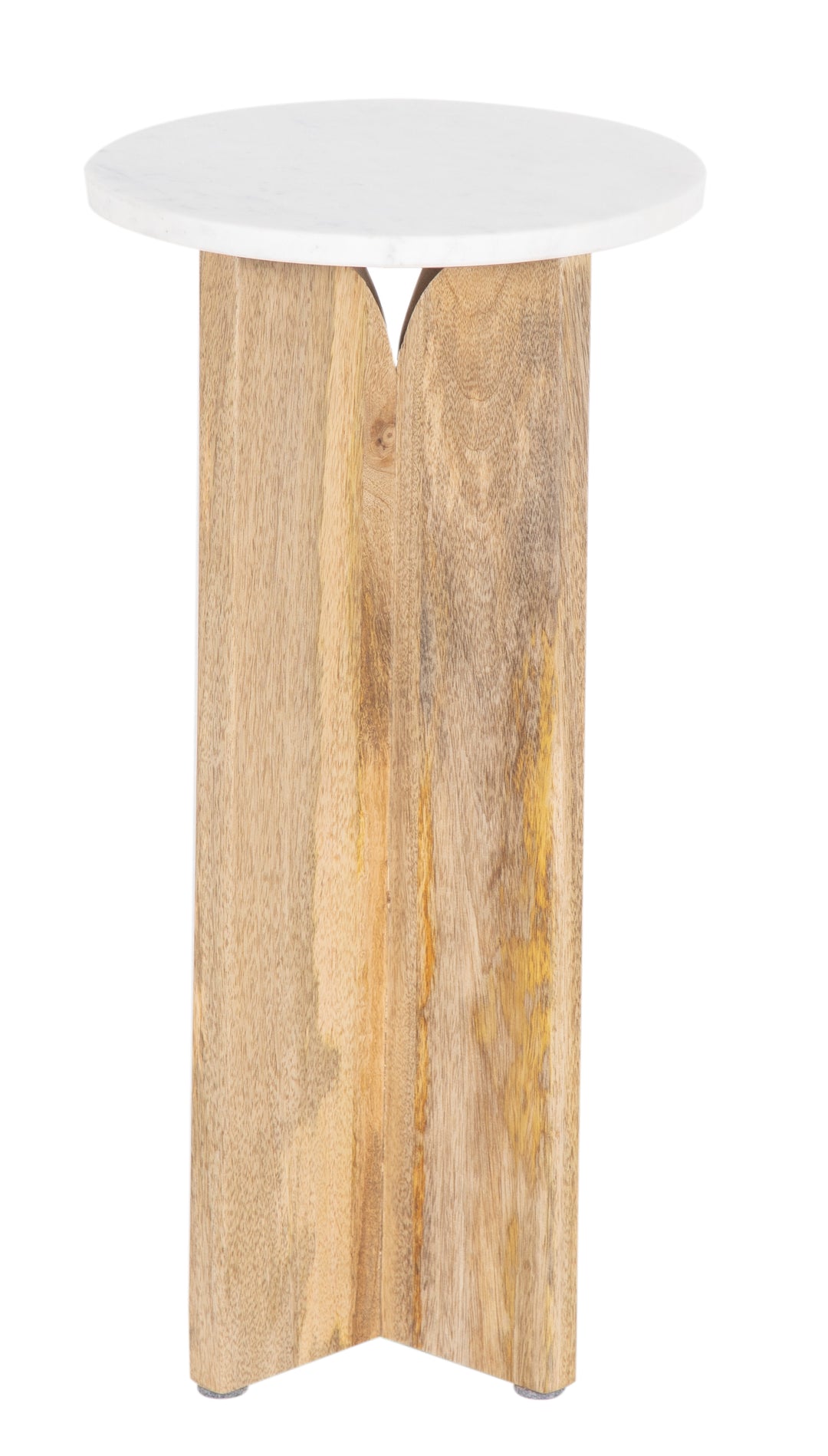 Natural finish Bryant Side Table seen from side in white background.