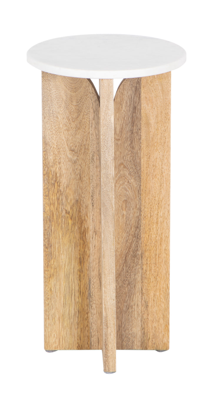 Natural finish Bryant Side Table seen from side in white background.