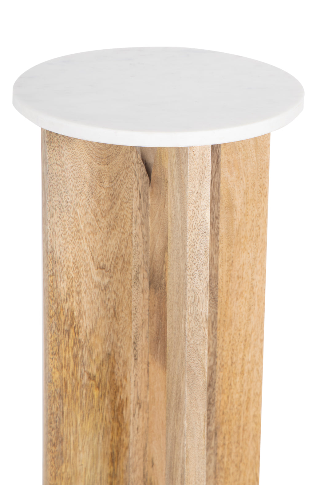 Natural finish Bryant Side Table seen from side in white background.