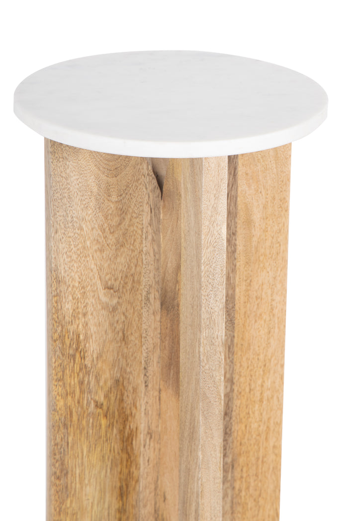 Natural finish Bryant Side Table seen from side in white background.