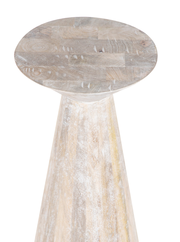 Beige Wooden Devin Round Side Table on a white background angled close up view