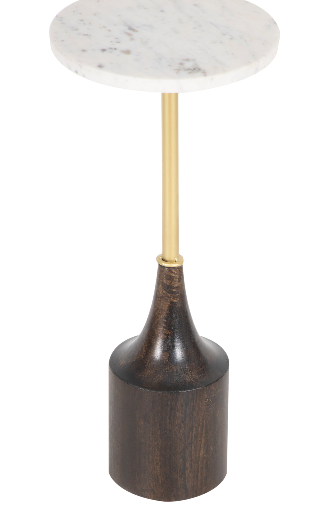 Round marble top table with a walnut finish closeup view in white background.