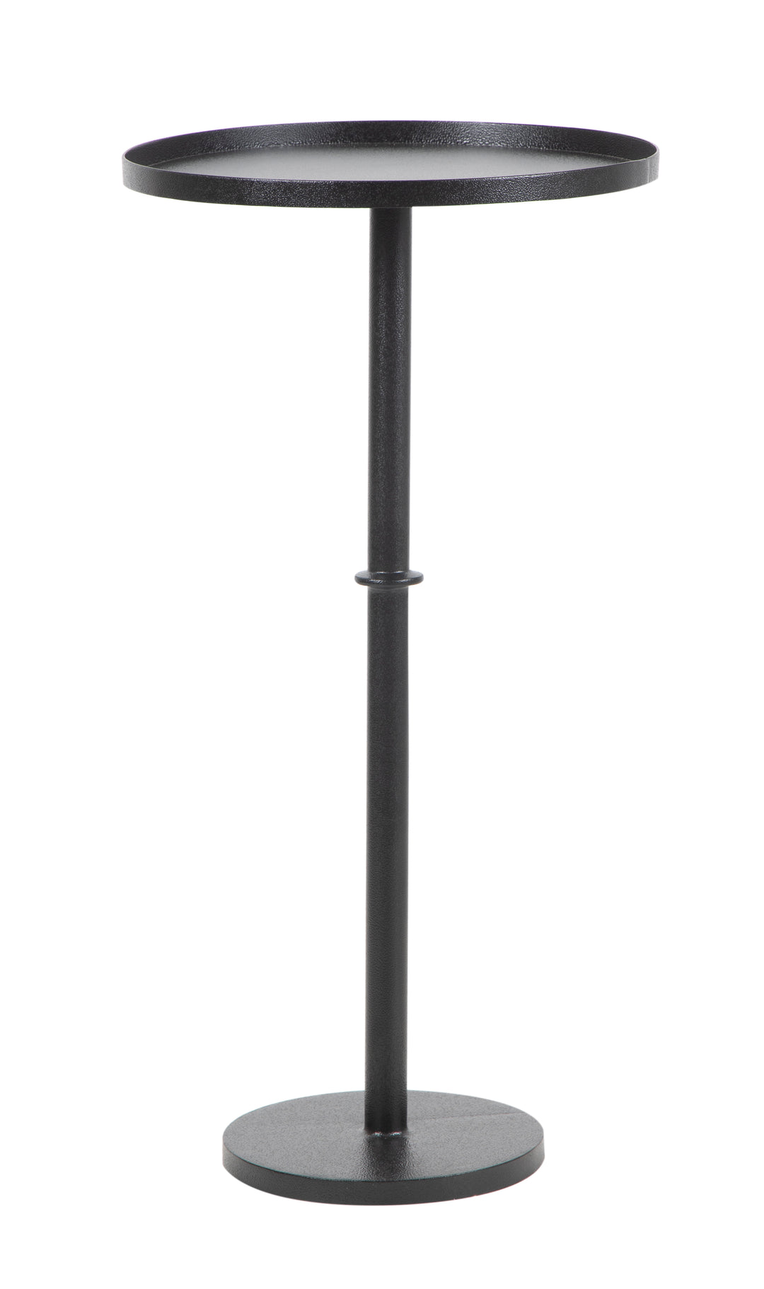 Black cast iron cocktail table featuring a round top in white background.