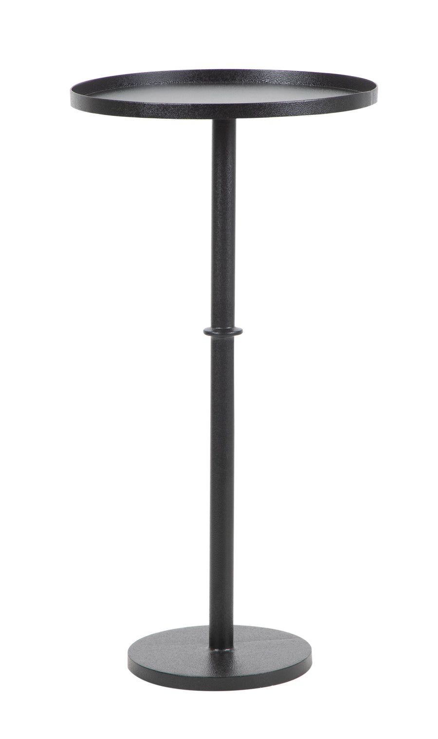 Black cast iron cocktail table featuring a round top in white background.