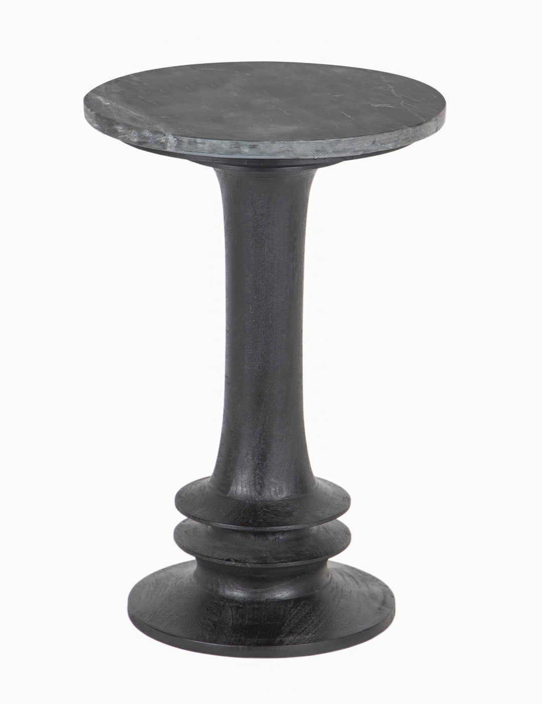 Black Sabel marble top Round Side Table seen from side in white background.