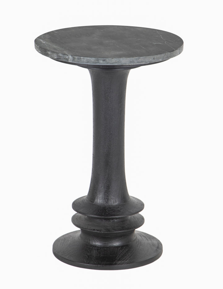 Black Sabel marble top Round Side Table seen from side in white background.