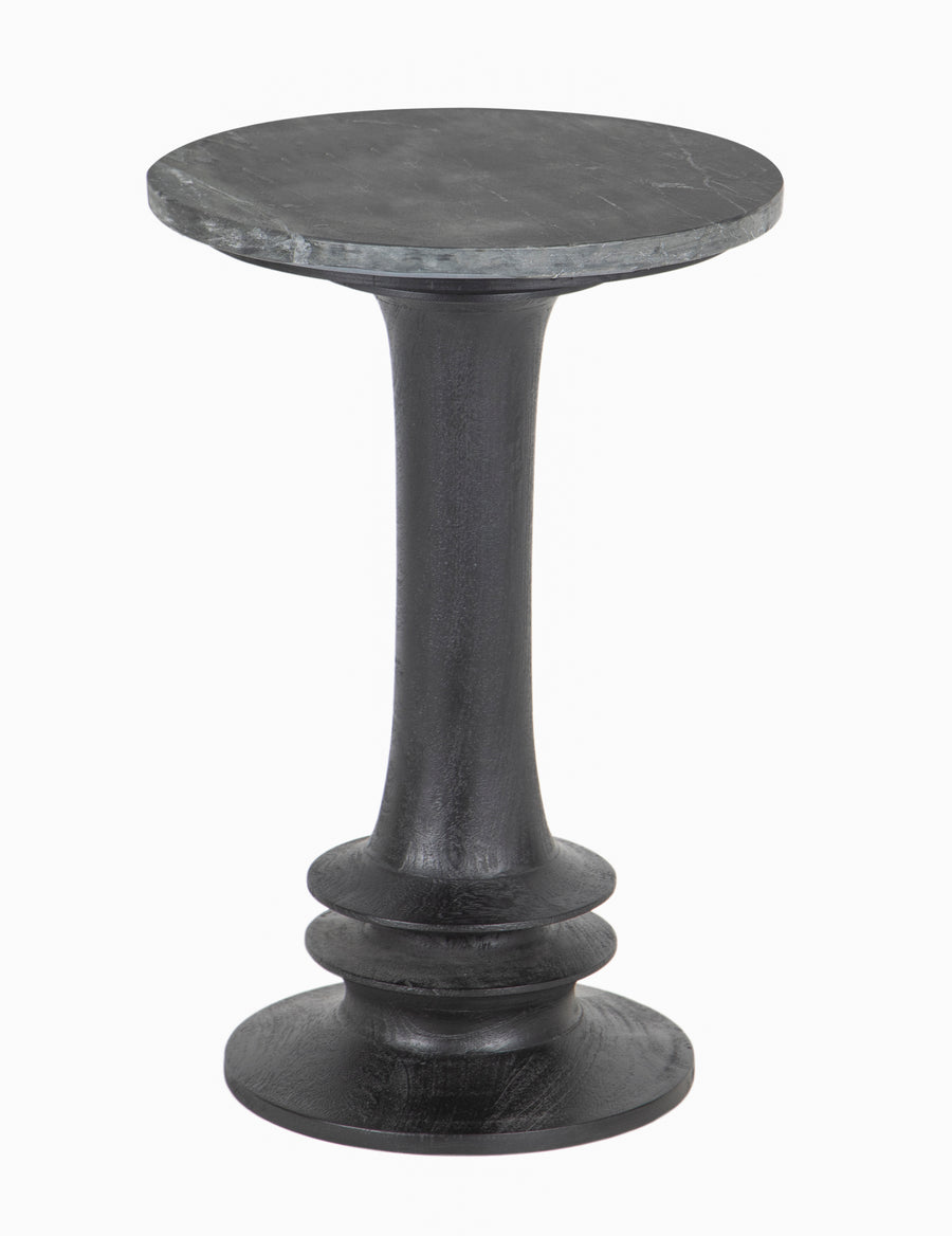 Black Sabel marble top Round Side Table seen from side in white background.