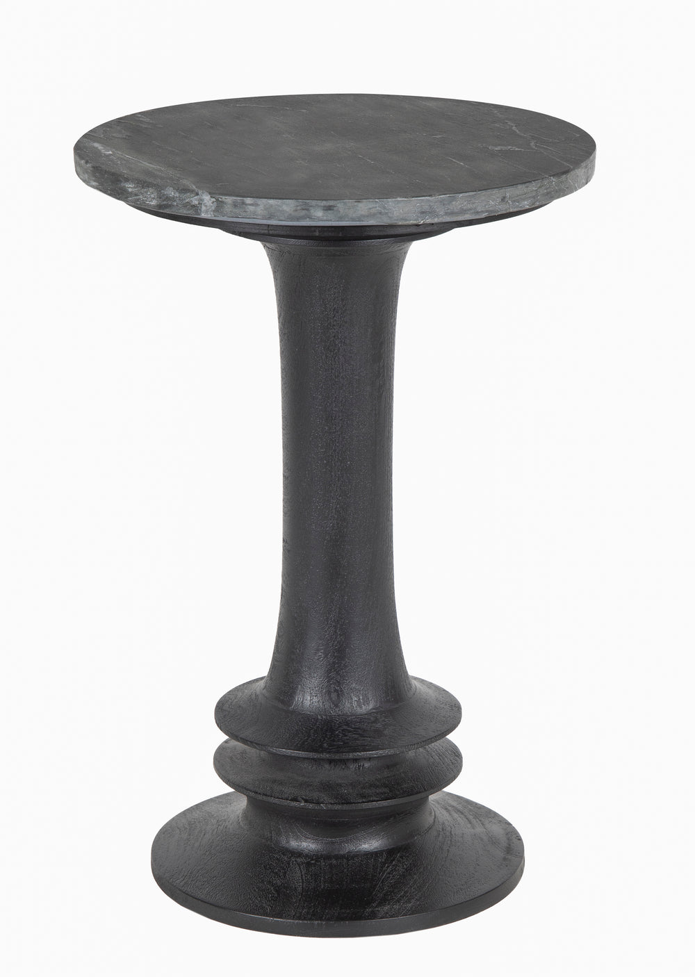 Black Sabel marble top Round Side Table seen from side in white background.