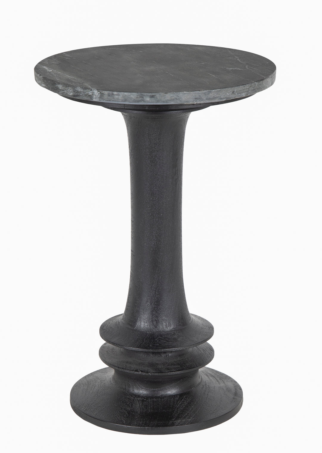 Black Sabel marble top Round Side Table seen from side in white background.