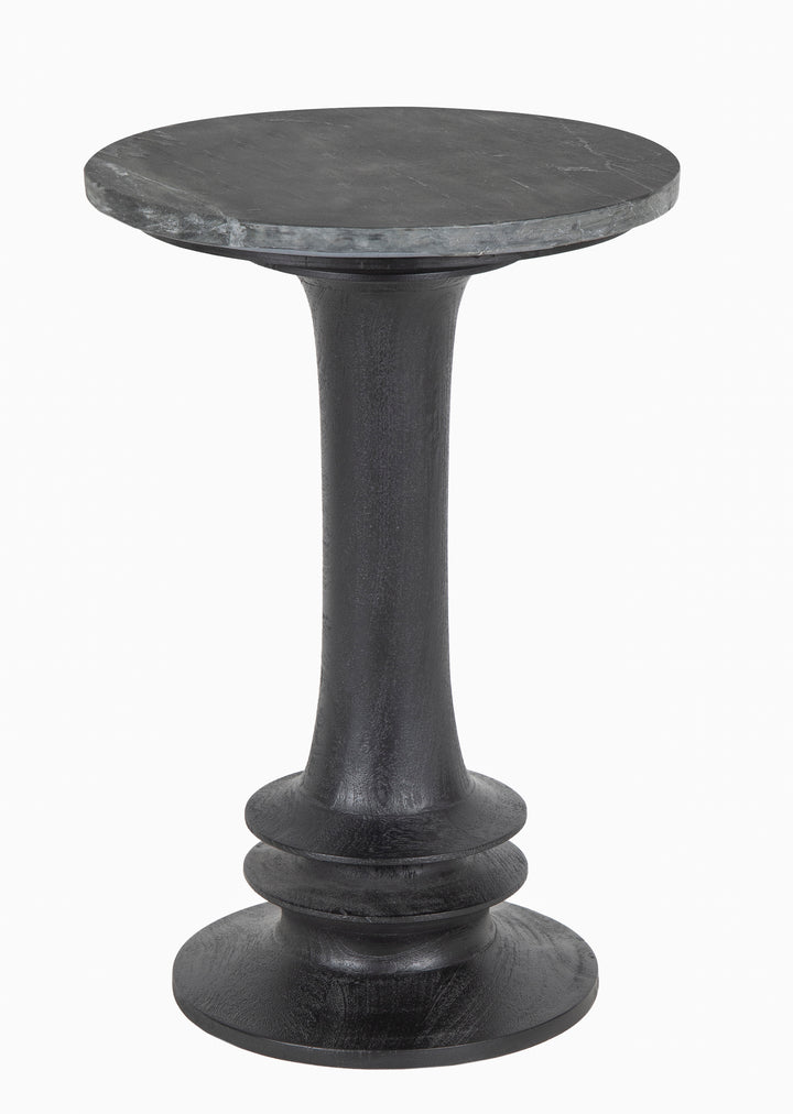 Black Sabel marble top Round Side Table seen from side in white background.