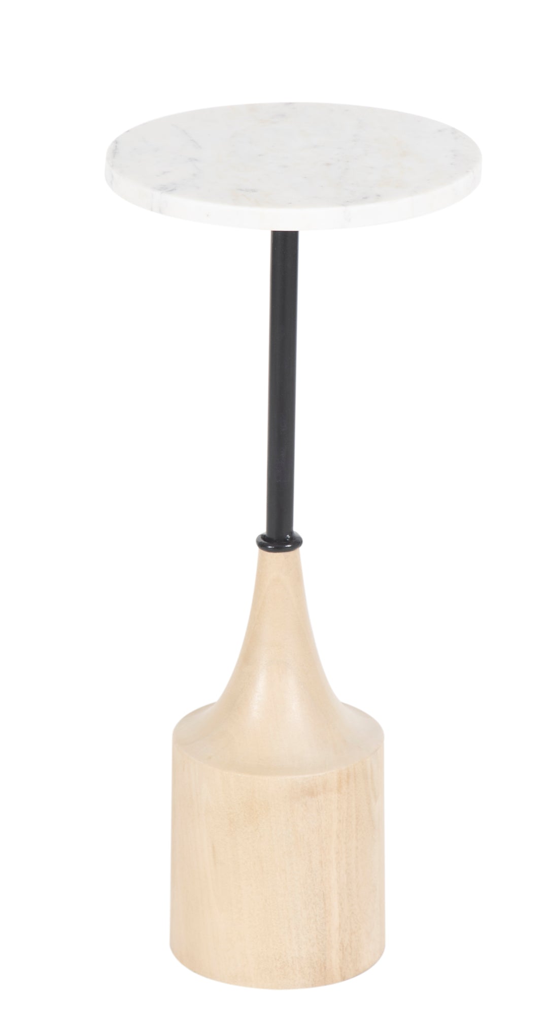 White Round marble top table seen from side in white background.