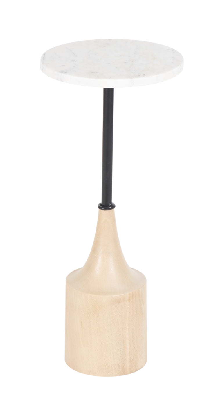 White Round marble top table seen from side in white background.