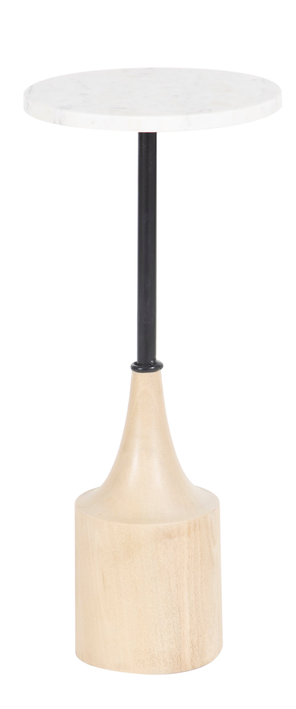 White Round marble top table seen from side in white background.