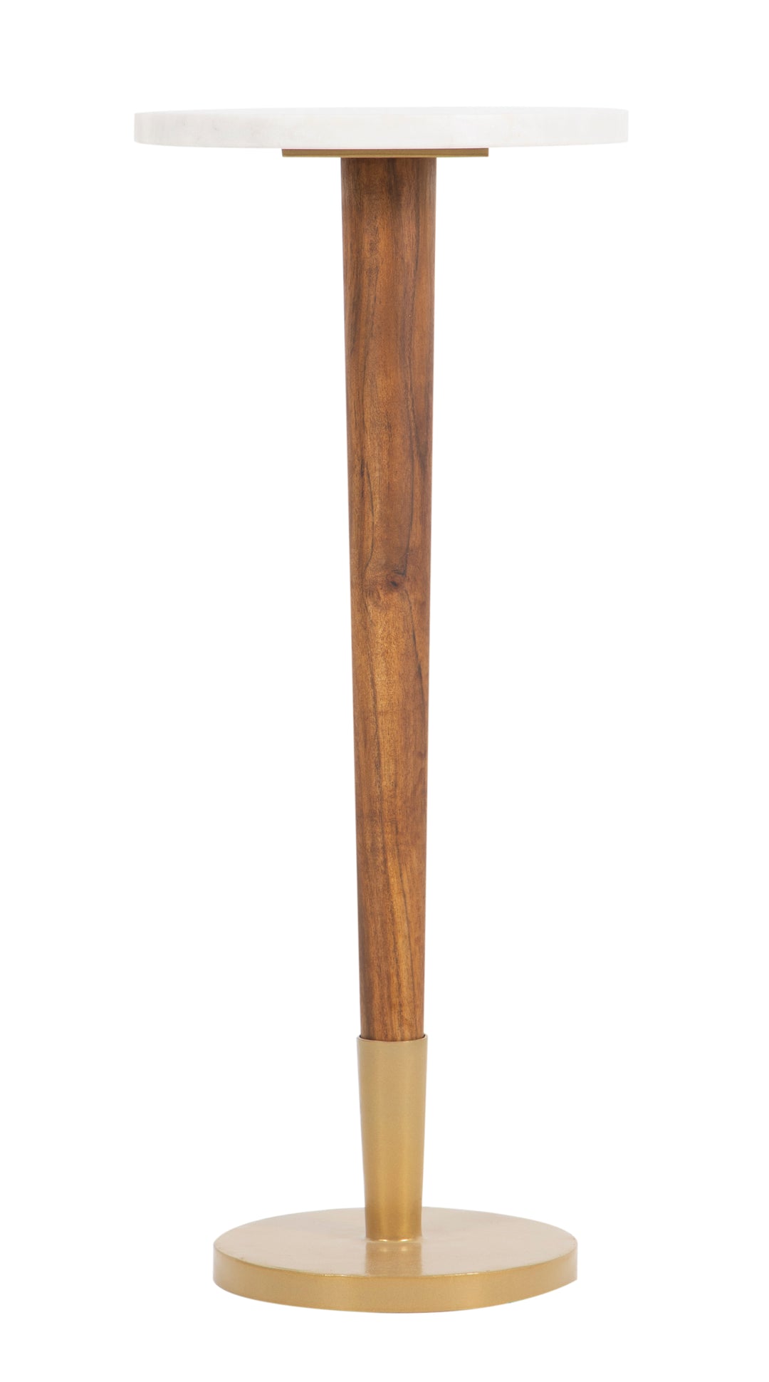 Round marble Micah Drink Table wooden leg with golden base seen from side on a white background.