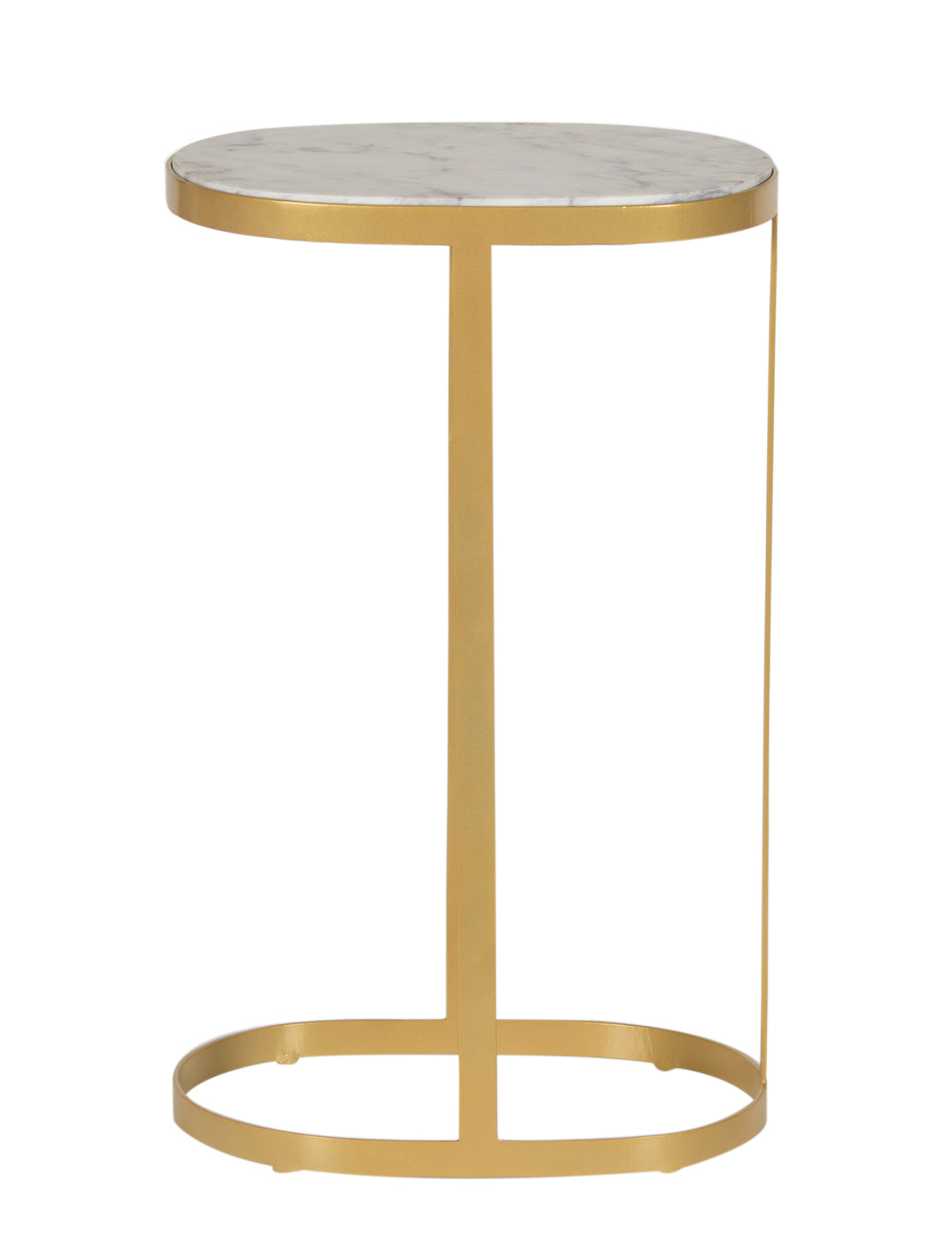 Mimosa Oval Martini Table in Gold Iron with Marble Top seen from the side on white background