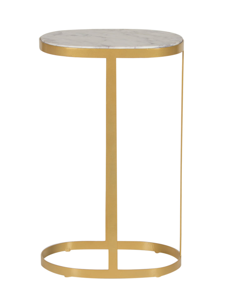 Mimosa Oval Martini Table in Gold Iron with Marble Top seen from the side on white background