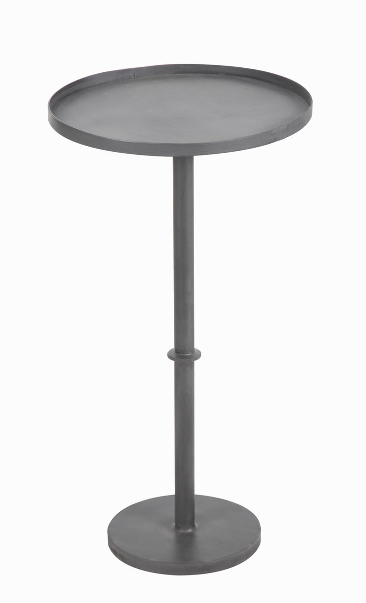 Grey Small round Table with a sleek metal base on white background.