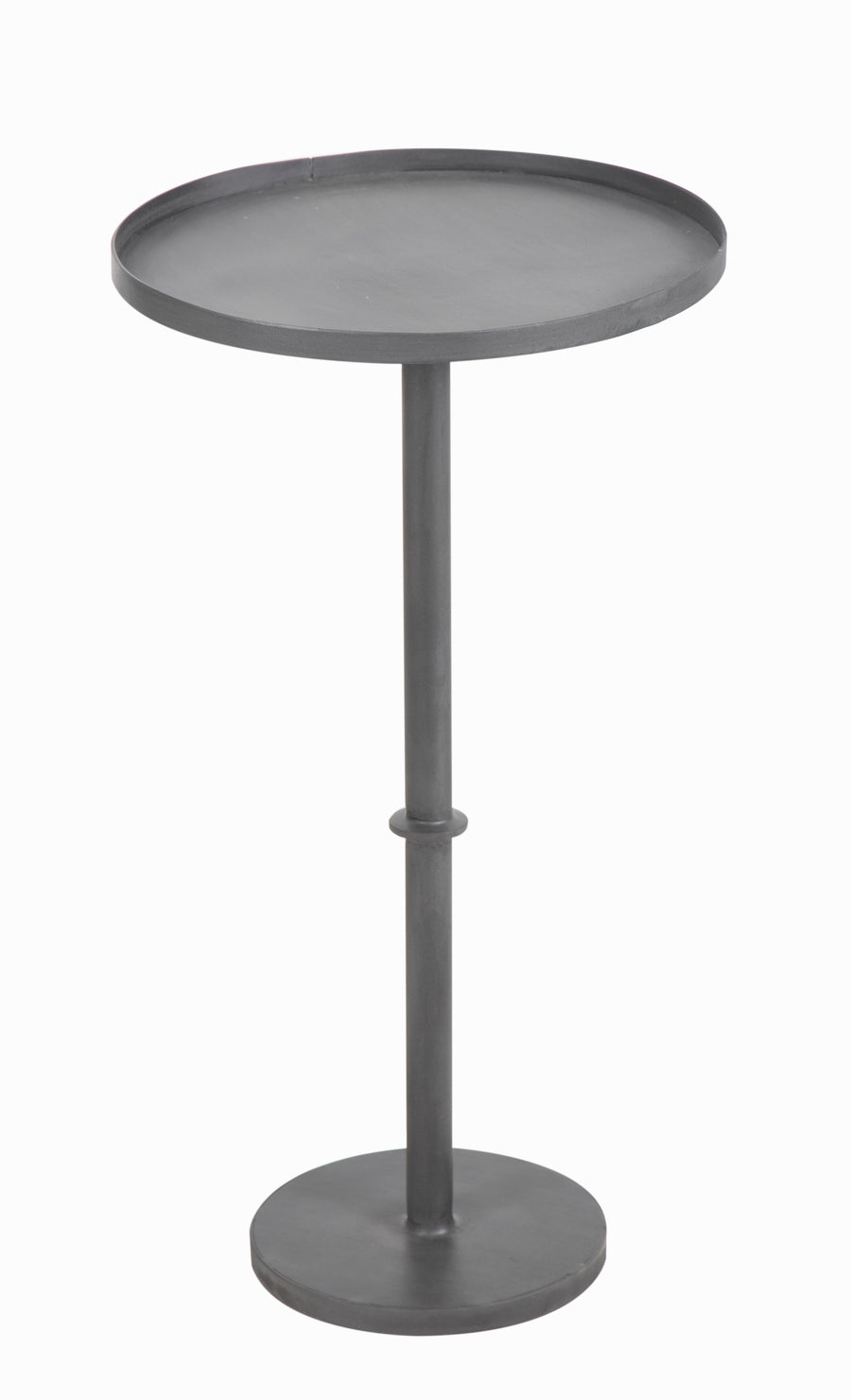 Grey Small round Table with a sleek metal base on white background.