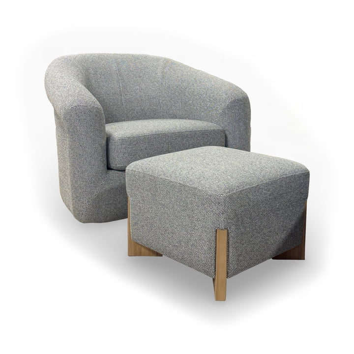 Grey Venice Ottoman with matching Clemente Swivel Chair in white background.