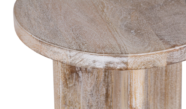 Limewash Cayman Round Side Table showing closeup view of top on white background