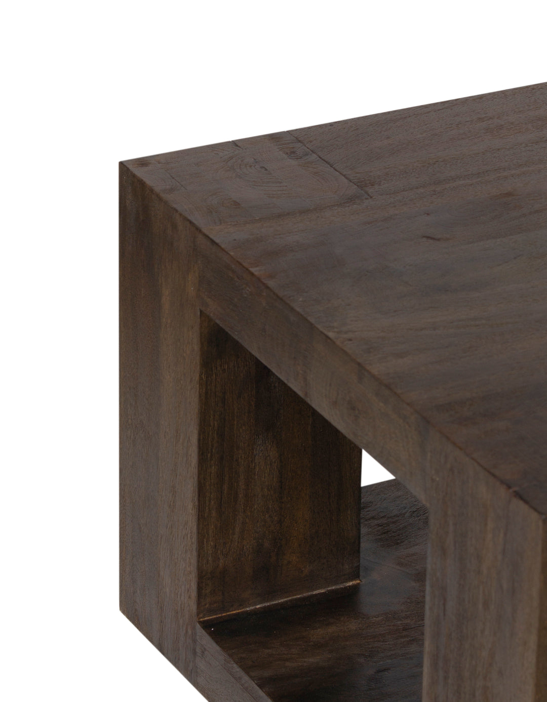 Brown Palisades Rectangular Coffee Table closeup view of top and legs on white background