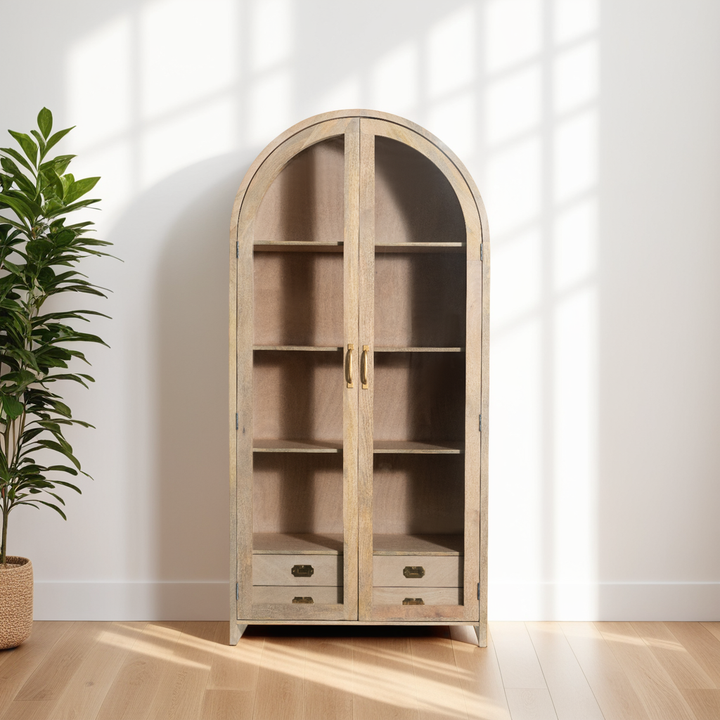 The Fox & Roe Elsa Glass Cabinet with Drawer Storage in Olive Wash Finish