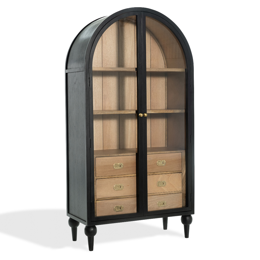 The Fox & Roe Fern Glass Cabinet with Drawer Storage in Washed Black & Walnut Finish