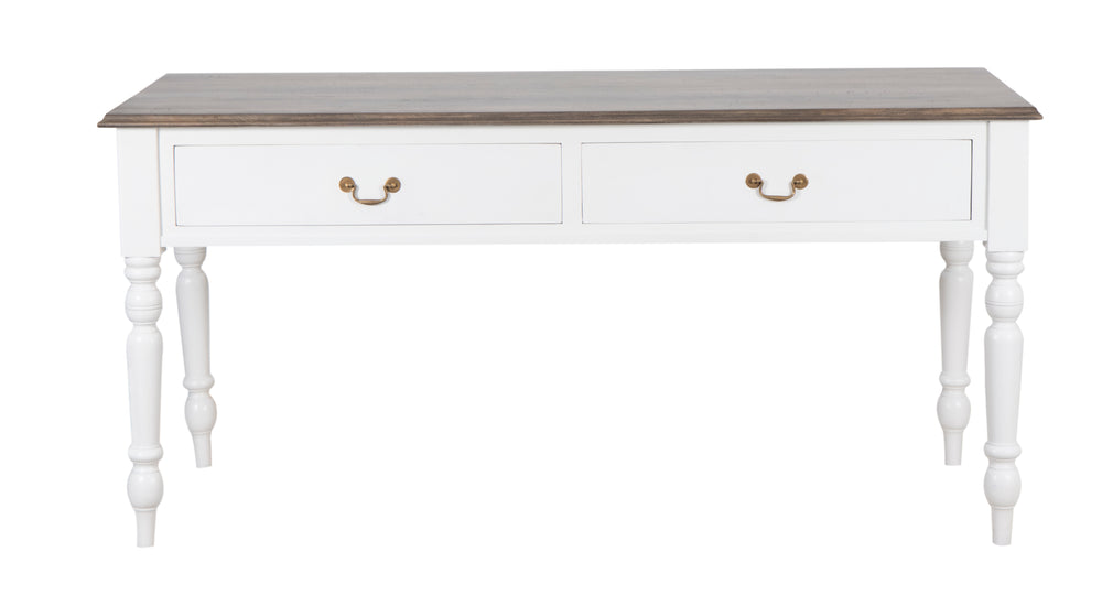 White Morris Kitchen Island with brown top with a complete view showing on white background