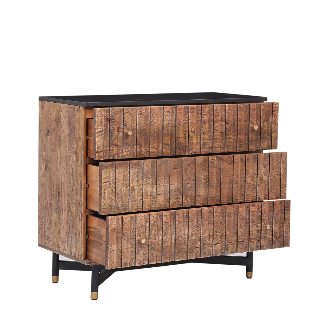 The Fox & Roe Nashville 3 Drawer Chest in Distressed Walnut Finish with Black Granite Top