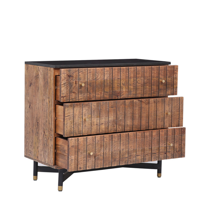 The Fox & Roe Nashville 3 Drawer Chest in Distressed Walnut Finish with Black Granite Top