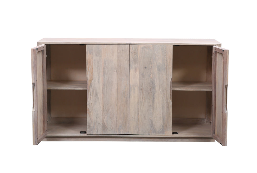 Breton wooden sideboard with four doors on a white background two doors open