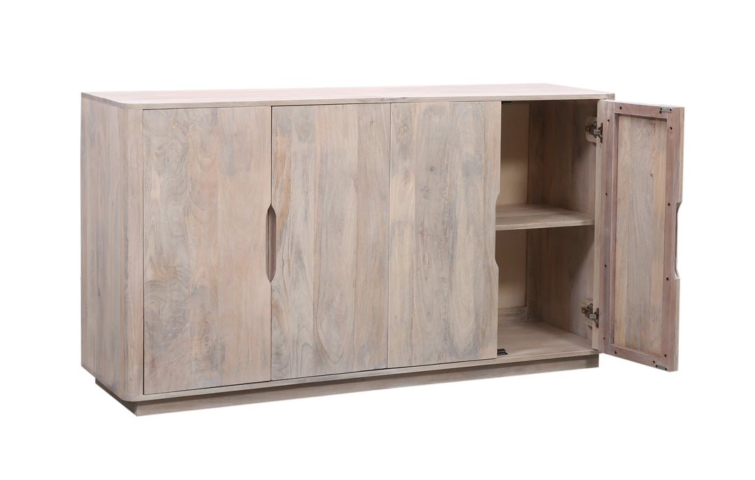 Breton wooden sideboard with four doors on a white background, angled with one door open