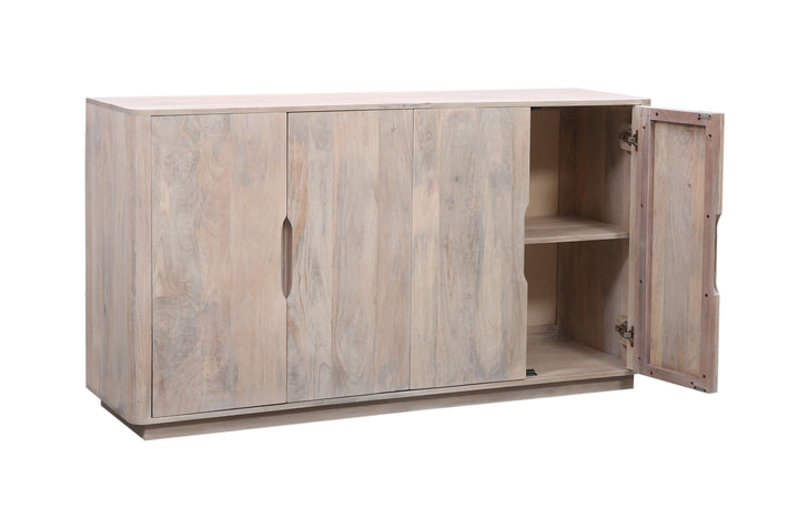 Breton wooden sideboard with four doors on a white background, angled with one door open