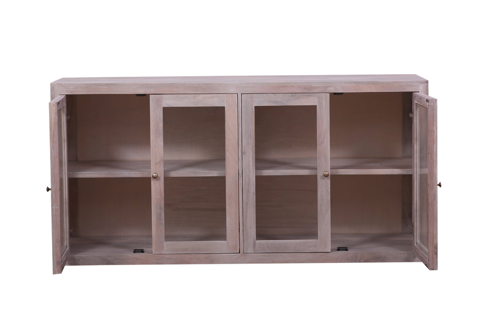 Olive Wash Oslo Glass 4-Door Sideboard with all doors opened on a white background