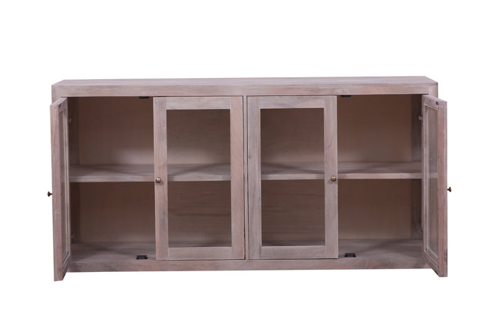 Olive Wash Oslo Glass 4-Door Sideboard with all doors opened on a white background