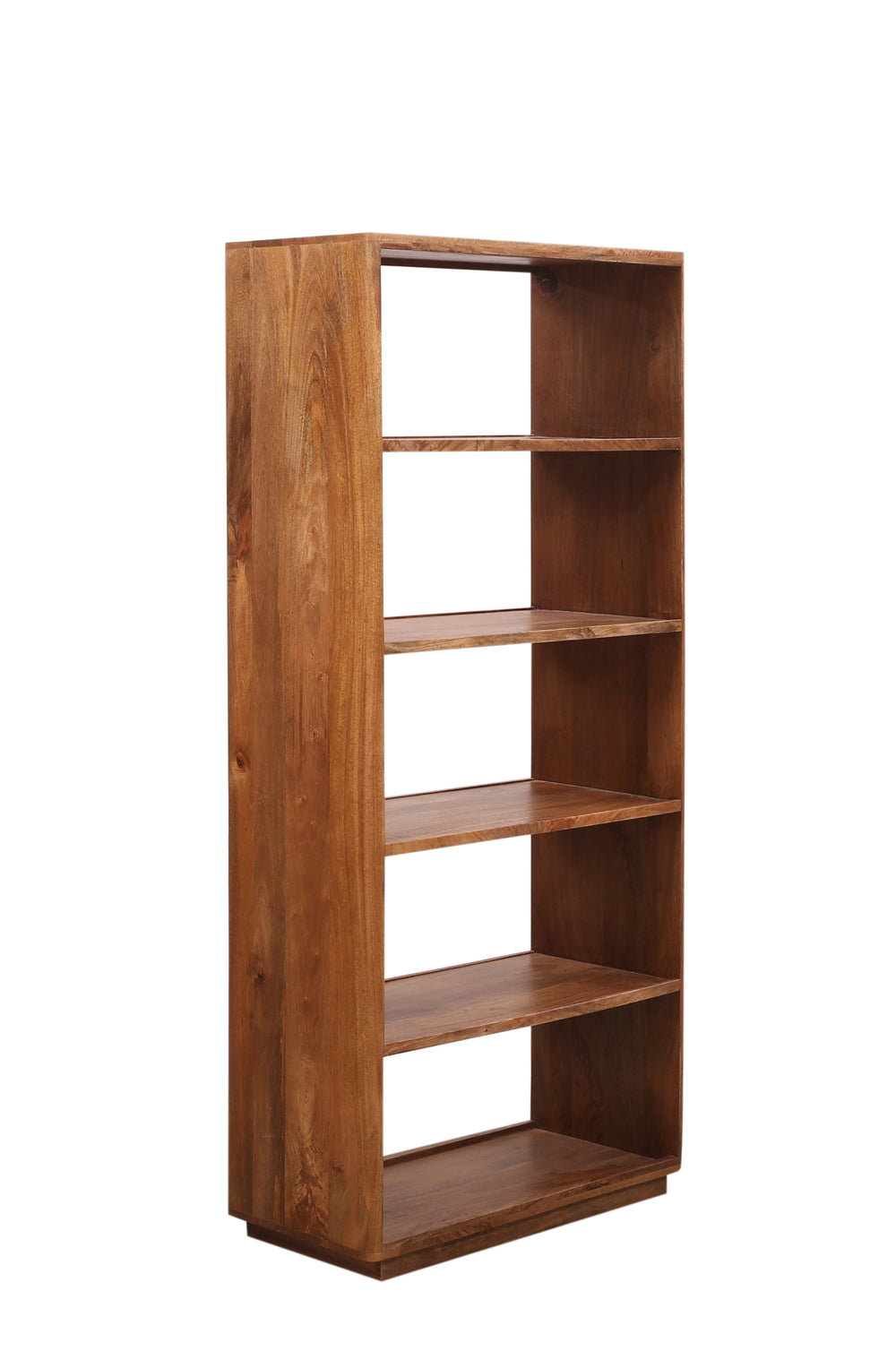 Wooden Breton bookshelf with five shelves on a white background on a angle 