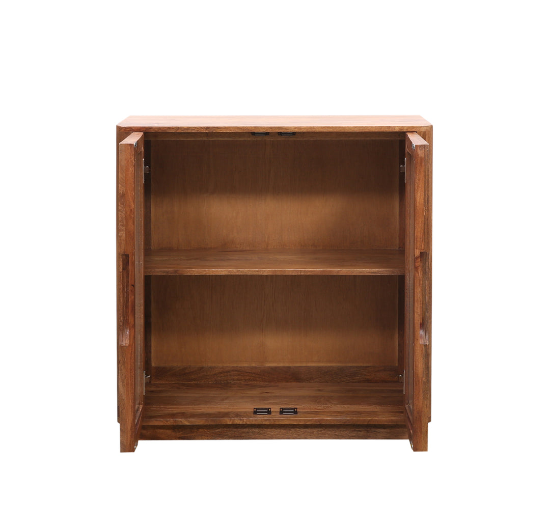 Breton wooden sideboard with glass doors on a white background doors open 