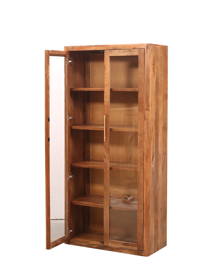 Brown Oslo Glass Cabinet with both glass doors opened on a white background