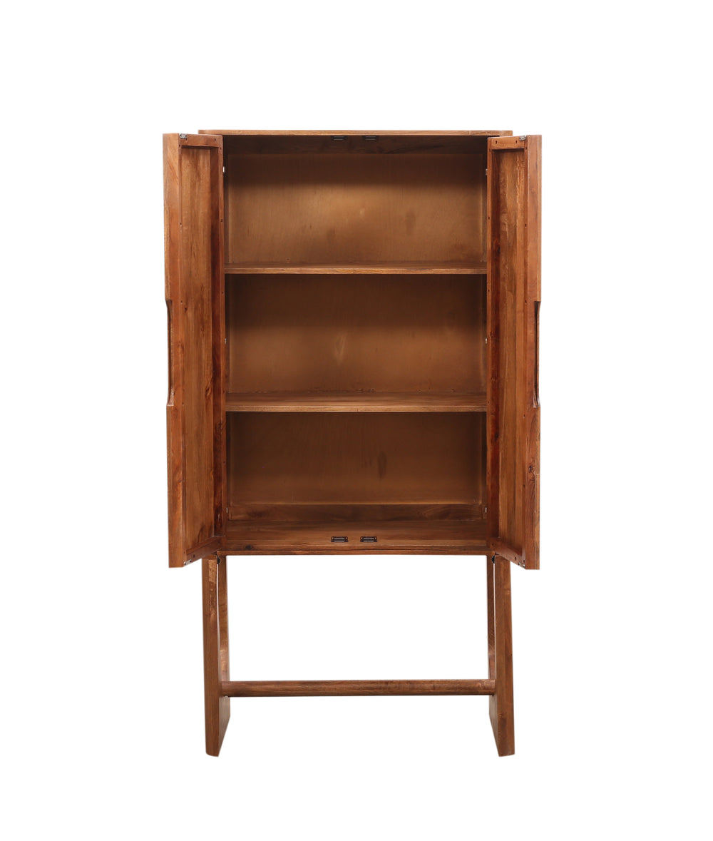 Wooden breton bar cabinet with open doors on a white background