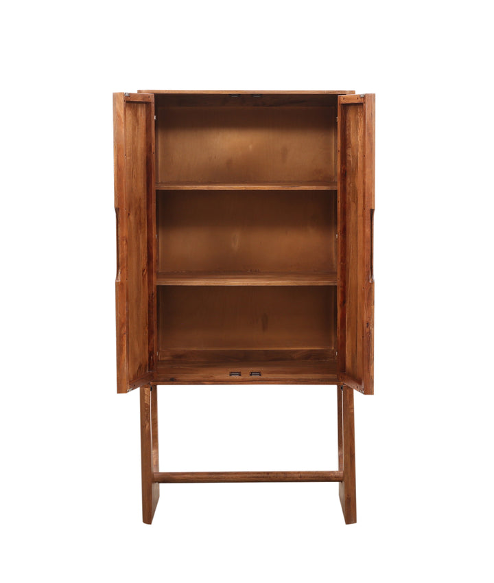 Wooden breton bar cabinet with open doors on a white background