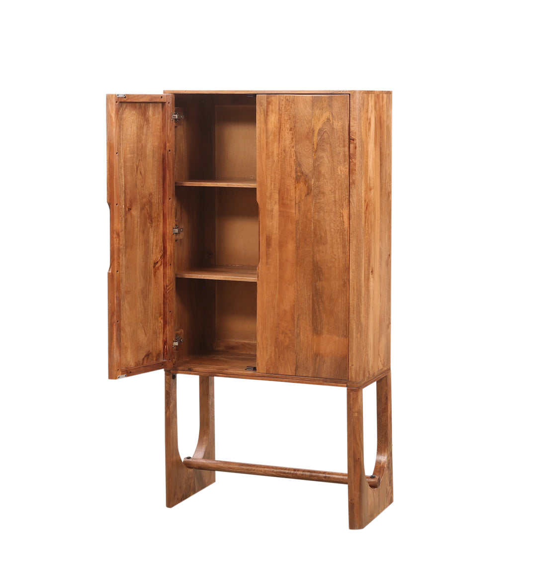 Wooden breton bar cabinet with open door on a white background