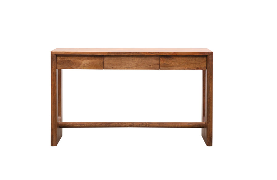 Wooden Breton console table with two drawers on a white background, front facing