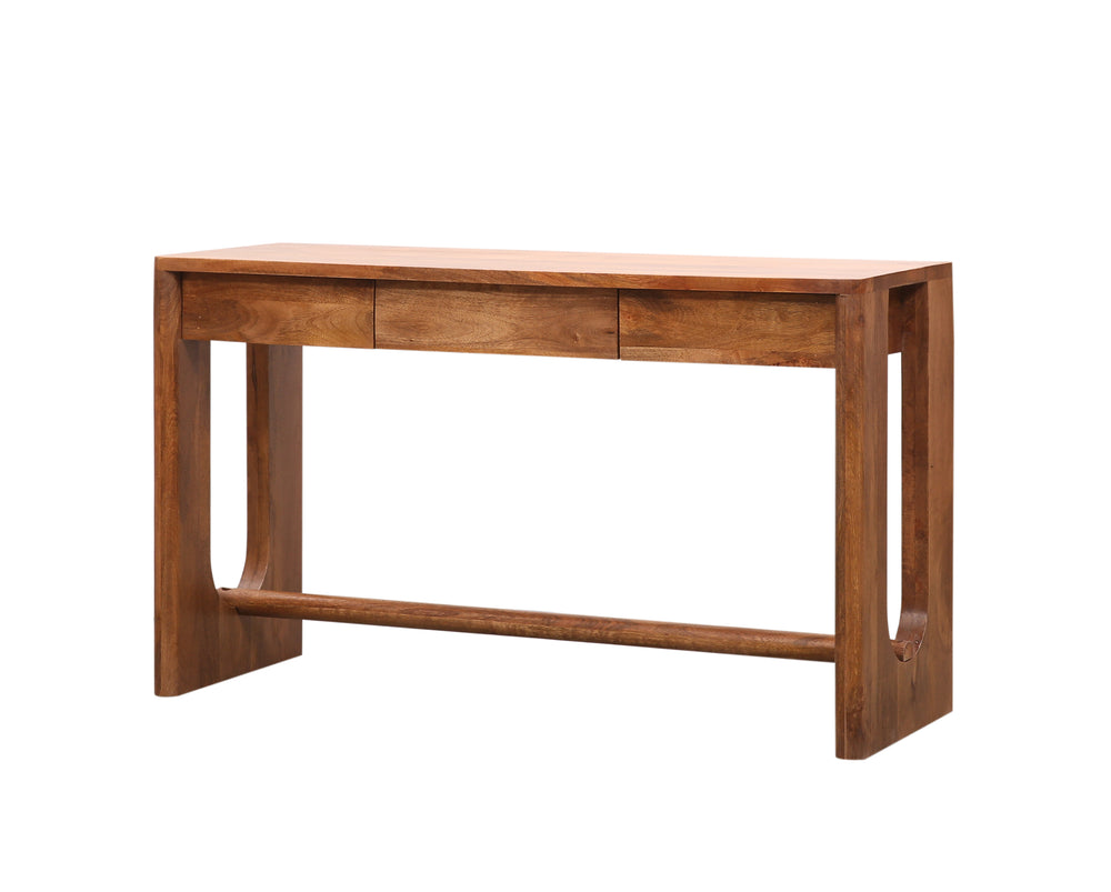 Wooden Breton console table with drawers on a white background, angled to the left