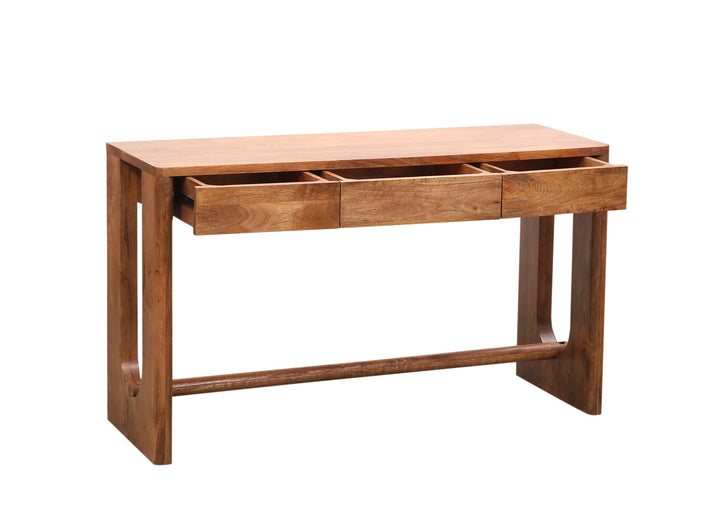 Wooden Breton console table with drawers on a white background angled to the right